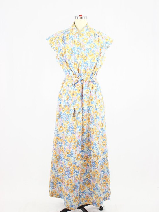 Vintage Dresses & Skirts - Vintage 70's CONRAD Retro Blue Orange Hippie Floral Belted Maxi Dress, Size L
